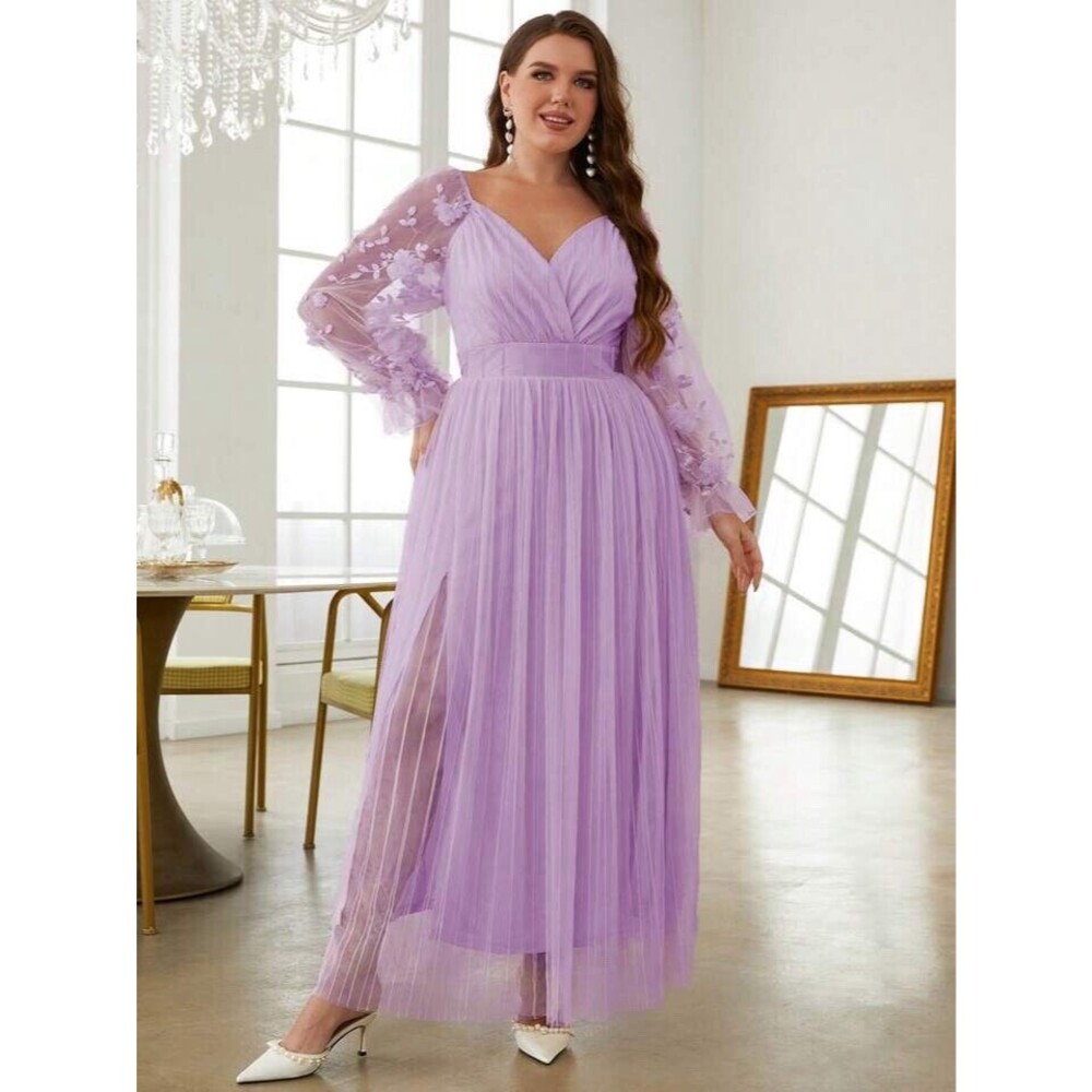 Simplee Sweetheart Neckline Elegant Tulle Maxi Dress Lavender 3XL